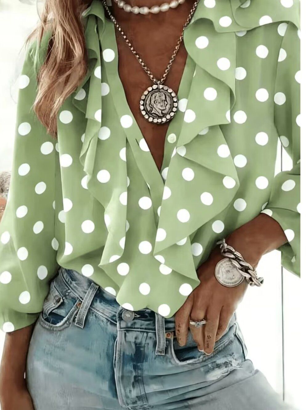 NWT Green Polka Dot Ruffle Open Front Blouse Long Sleeve Pleated V-Neck Top